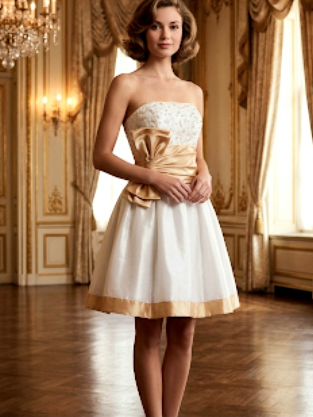 Jessica McClintock for Gunne Sax Vintage Strapless Satin Mini Dress White & Gold